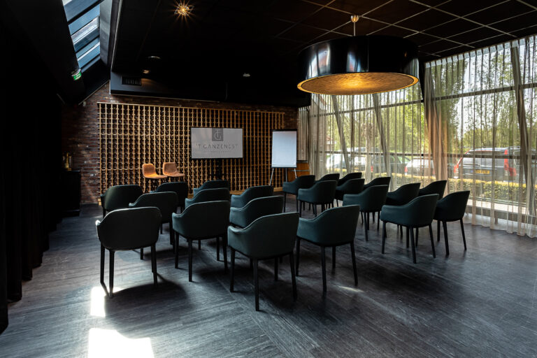 Moderne conferentiezaal met rijen donkergroene stoelen, scherm met T GANZENNEST logo en flipover.