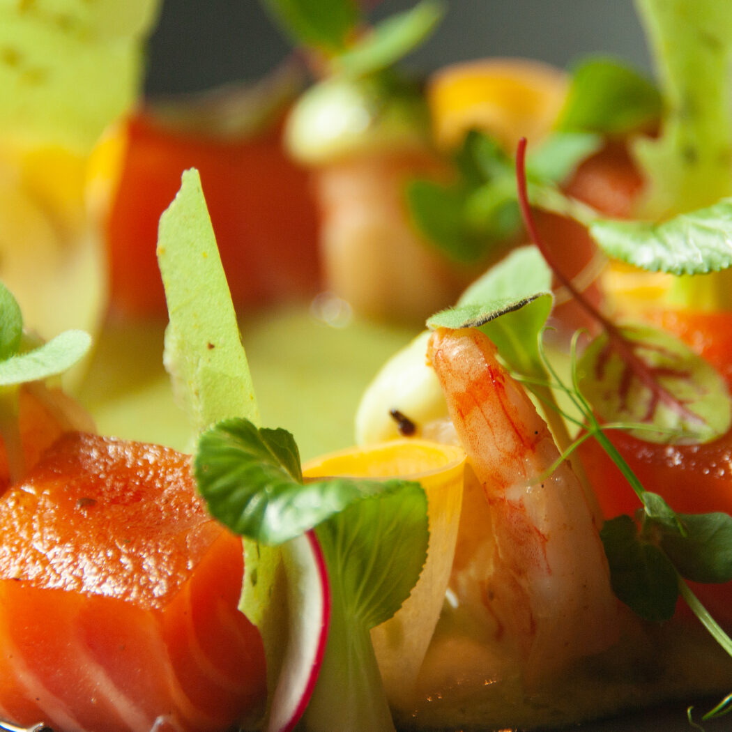 Gourmetgerecht met glanzende zalmblokjes, garnalen, groene accenten en radijs op donker bord.
