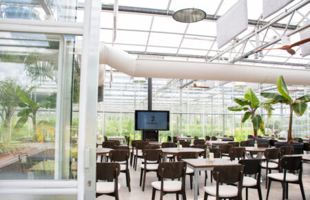 Ruime evenementenlocatie in glazen kas met lege tafels, donkere stoelen, weelderige planten en een scherm met STARS & STONES.