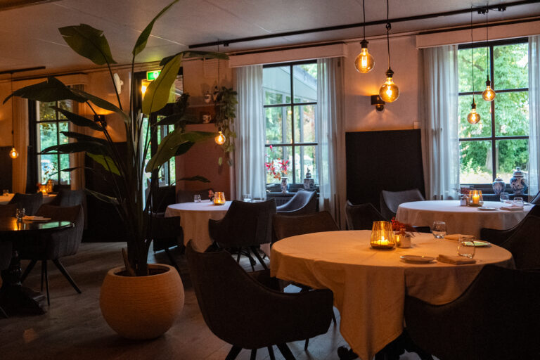 Sfeervol restaurant met gedekte tafels, een grote plant, warme kaarsverlichting en uitzicht op groen.