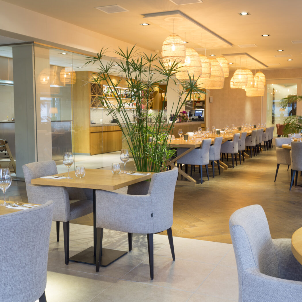 Sfeervolle restaurant eetzaal met lichte houten tafels, grijze stoelen, groene planten en rieten hanglampen.