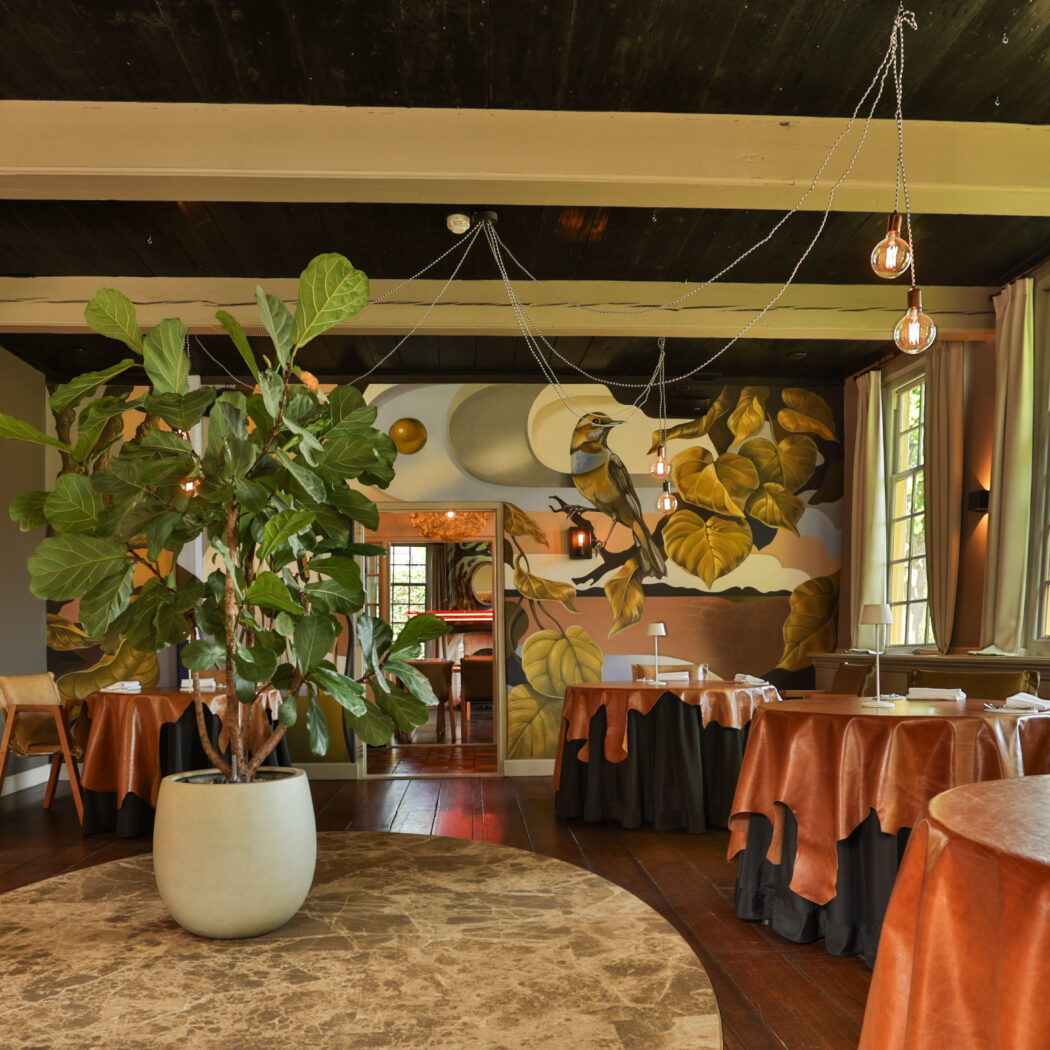 Smaakvol restaurant interieur met cognackleurige tafelkleden, een grote ficus plant en een vogel muurschildering.