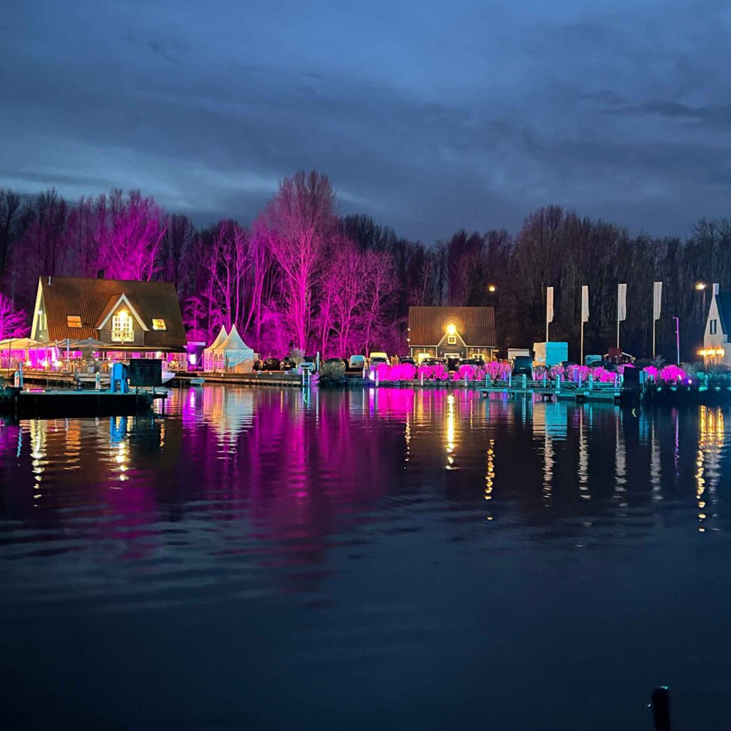 Nachtelijke waterkant met huizen, kale bomen en boten, felroze en blauw verlicht en weerspiegeld in het water.
