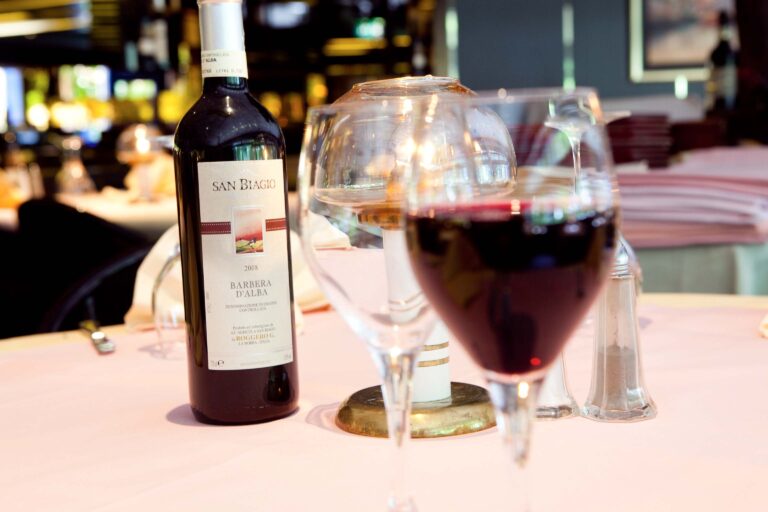 Fles rode wijn San Biagio Barbera dAlba 2008 en twee wijnglazen, één gevuld, op een roze tafelkleed.