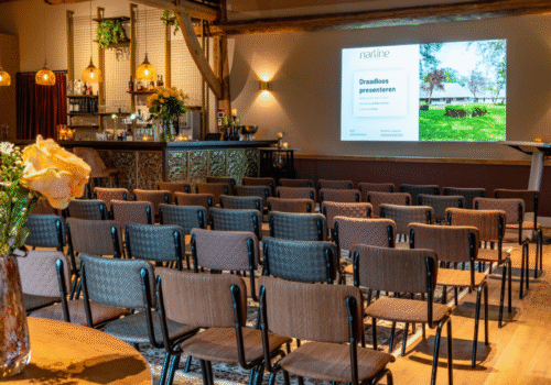 Sfeervolle vergaderzaal met rijen bruine en grijze stoelen, projectiescherm Draadloos presenteren en bar.