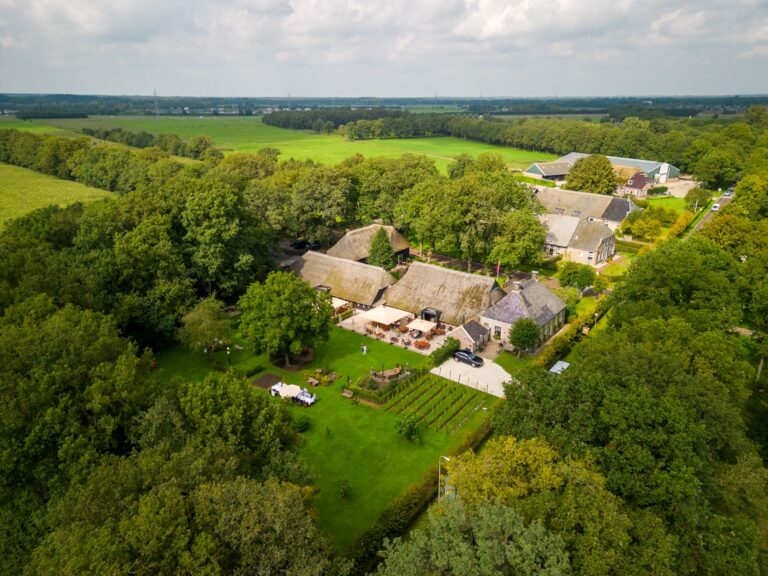 Een landgoed met rietgedekte gebouwen en een buitenterras, omringd door weelderige bomen en velden.