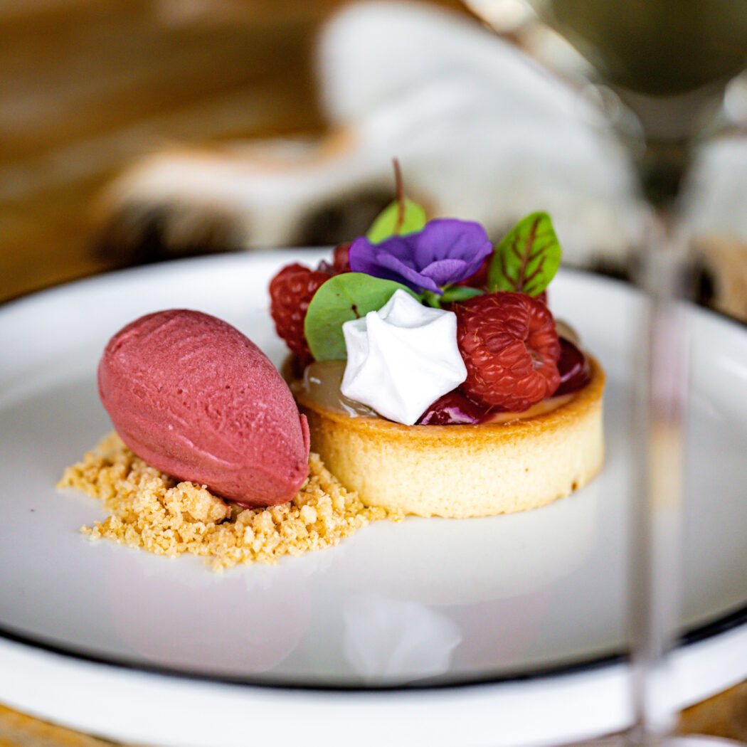 Elegant frambozen taartje met sorbet, meringue en paarse bloem op een wit bord.