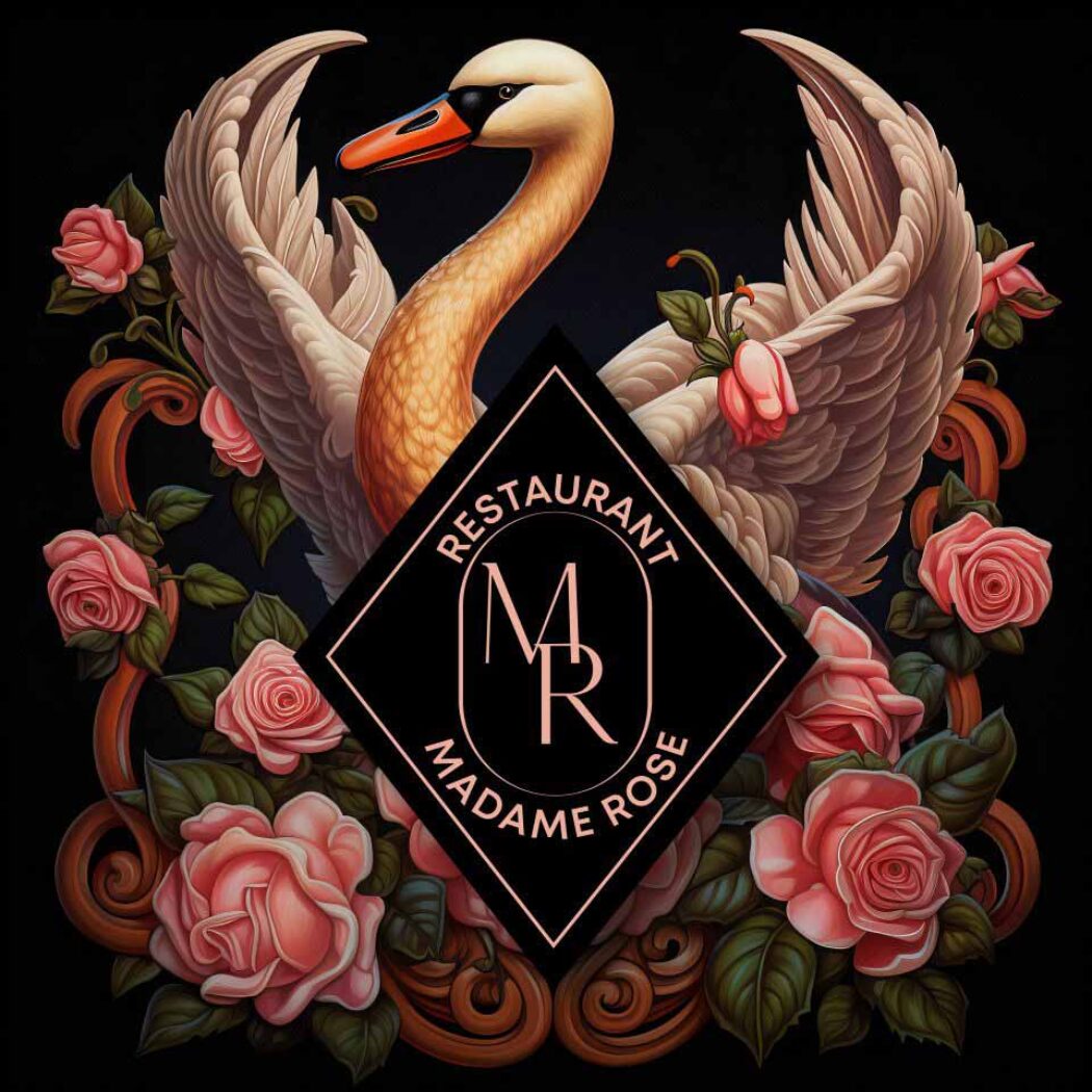 Restaurant Madame Rose logo met witte zwaan, roze rozen en de tekst RESTAURANT MR MADAME ROSE.