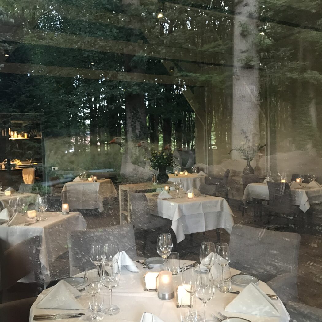 Sfeervol restaurantinterieur met gedekte tafels, uitzicht op een bos en decoratieve ganzenbeelden.