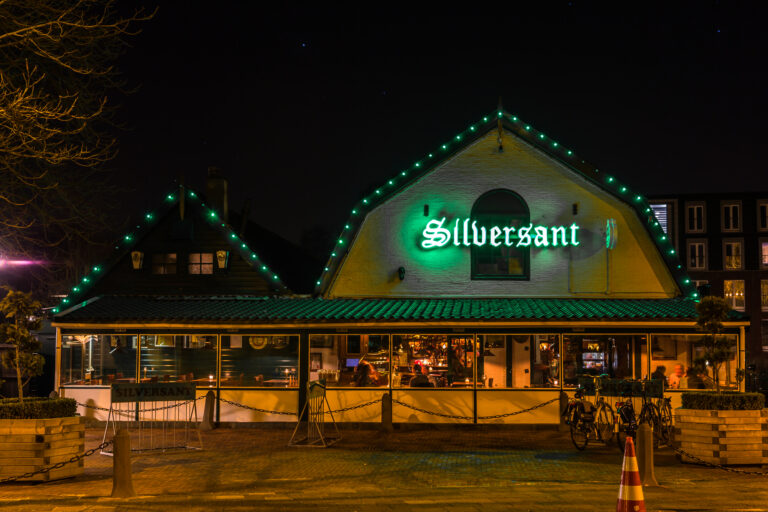 Nachtzicht op café Silversant met opvallende groene neonletters en dakrandverlichting.