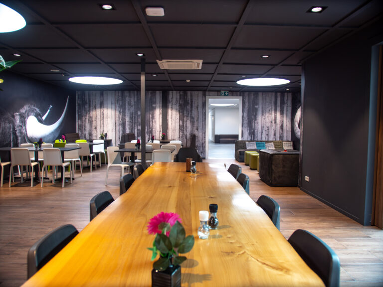 Moderne kantoorlounge met lange houten tafel, witte stoelen, loungebanken en neushoornmuurschildering.
