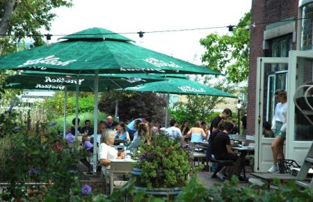 Druk terras met gasten die genieten onder groene Grolsch parasols, omringd door weelderige planten.